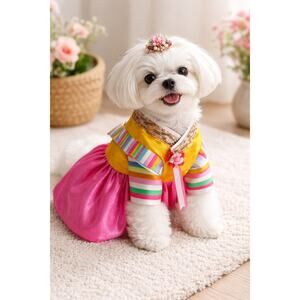Korean Hanbok Dog Dress Traditional Pet Outfit Pink Gold New XS/Small